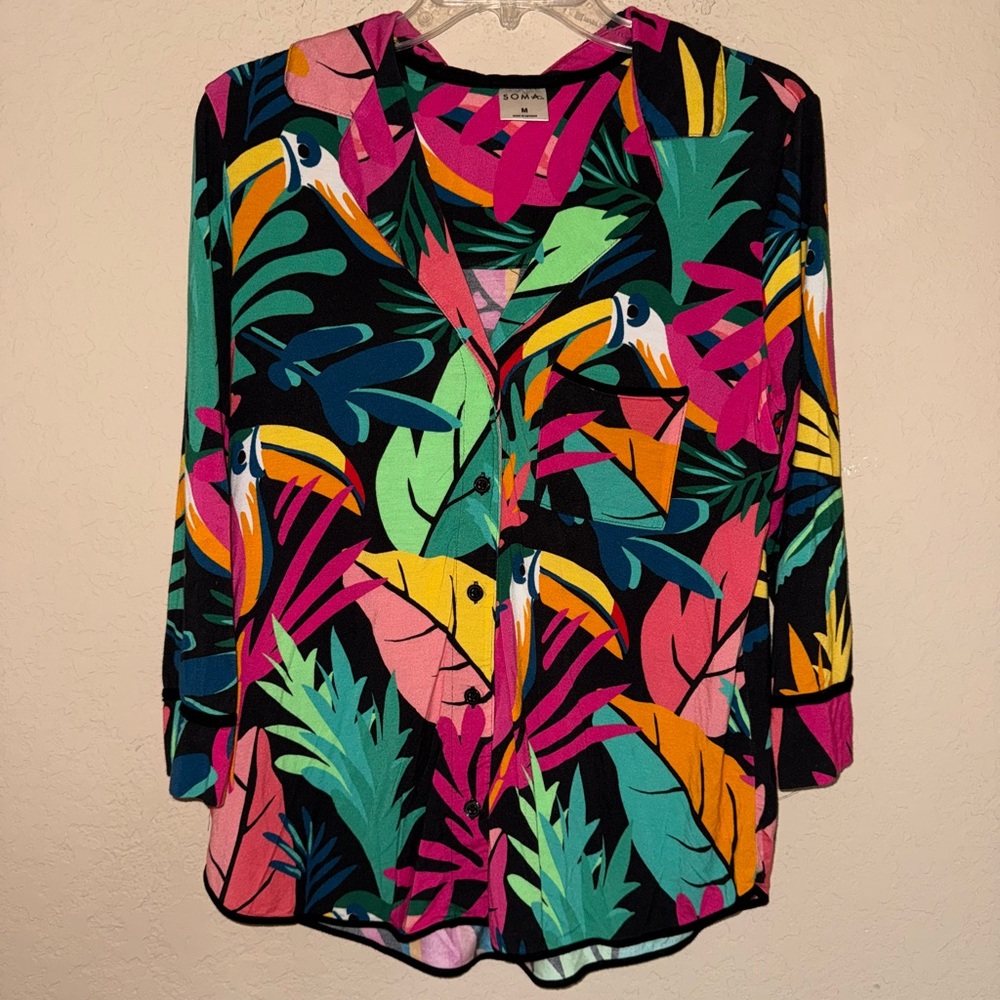 Soma Cool Nights Tropical Print Pajama Button Front Shirt- Multicolor